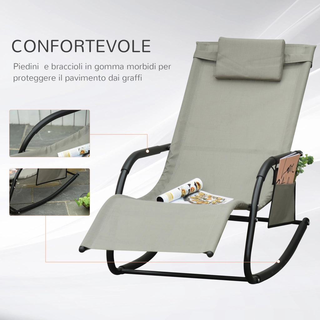 Poltrona a Dondolo da Giardino con Poggiatesta e Tasca Laterale, 150x62x88 cm, Nero e Grigio