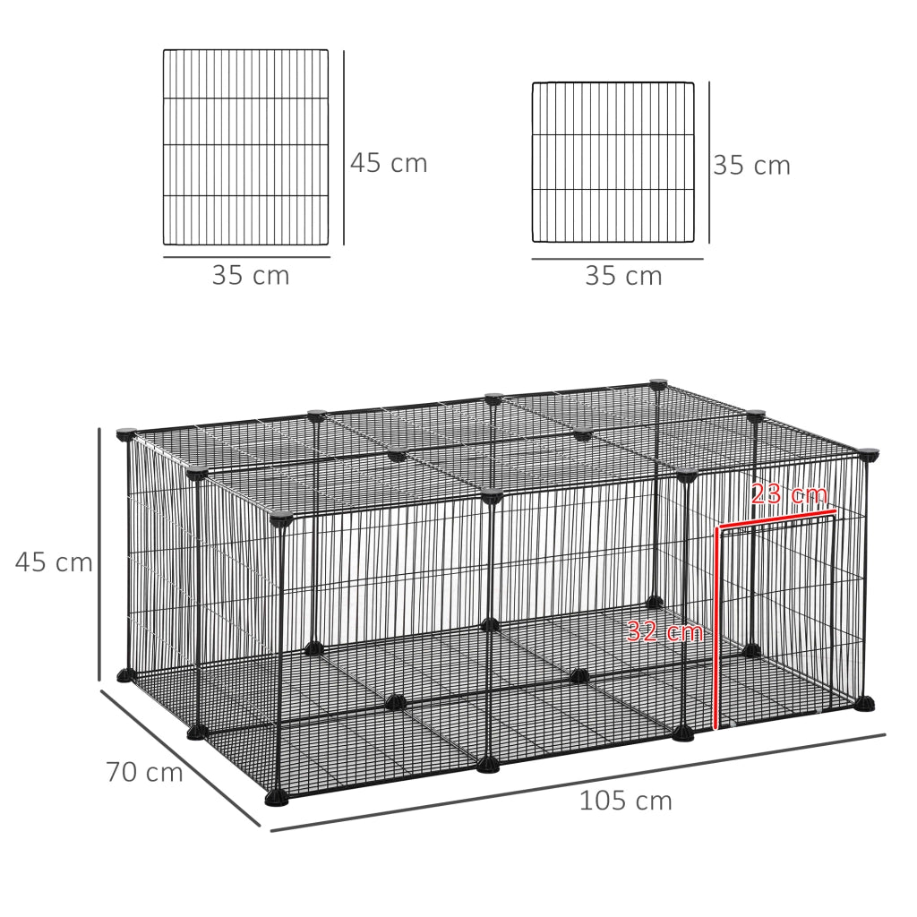 EasyComfort Gabbia per Conigli e Piccoli Animali, 22 Pannelli Modulabili in Metallo con Porta, Nero, 105 x 70 x 45cm
