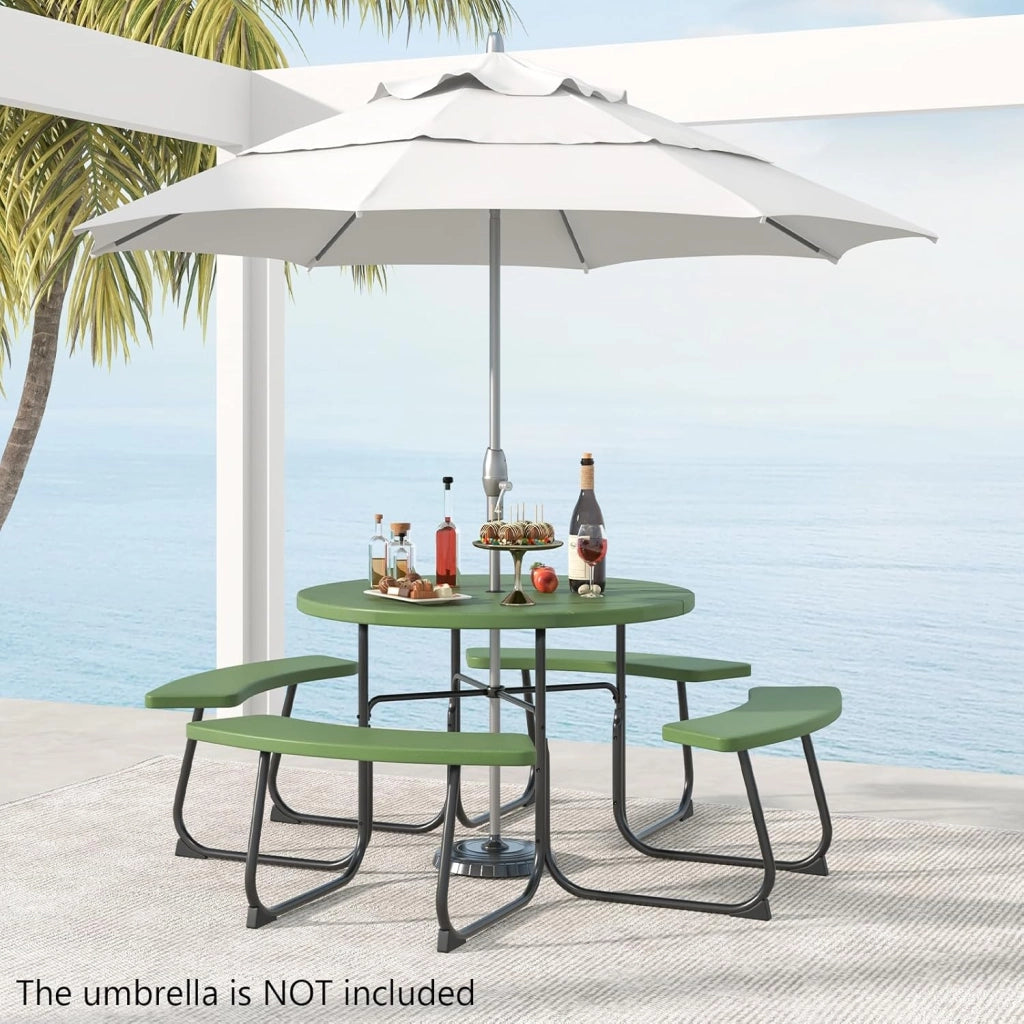 Set da giardino da picnic per 8 persone, tavolo da giardino rotondo con 4 panche, tavolo da birra con foro per ombrellone, set da giardino in HDPE, set per panca da birra (verde)