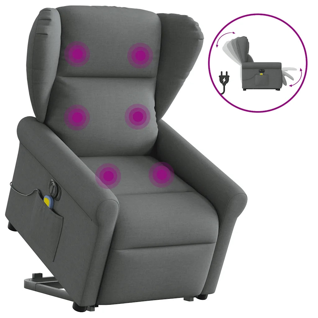vidaXL Poltrona Alzapersona Massaggi Elettrica Grigio Scuro Tessuto
