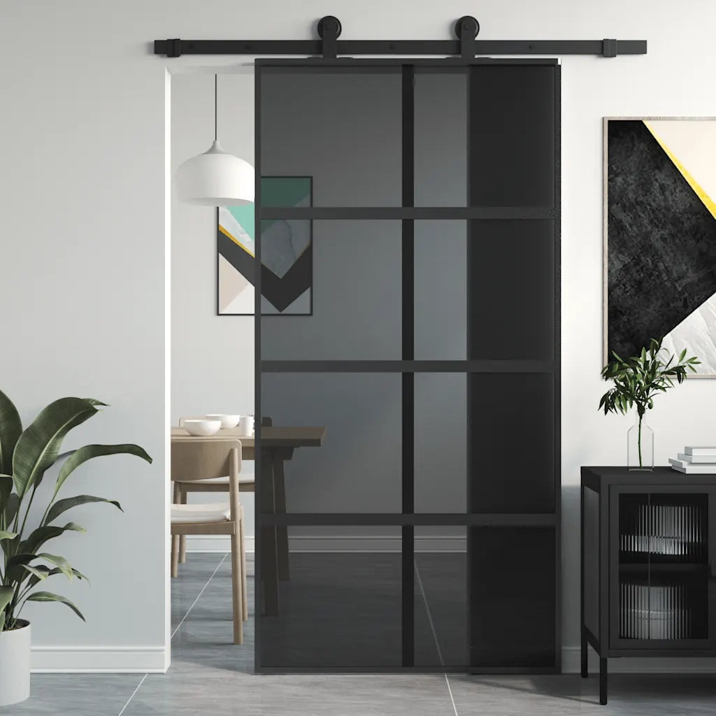 Porta Scorrevole Nera 102,5x205 cm Vetro Temperato e Alluminio 155227