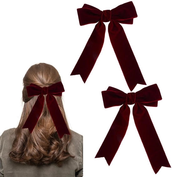 Due pezzi di clip per capelli in velluto rosso, spille per capelli con nastro lungo, clip per capelli a nastro francese, accessori per capelli vintage per bambine e donne, per autunno e inverno