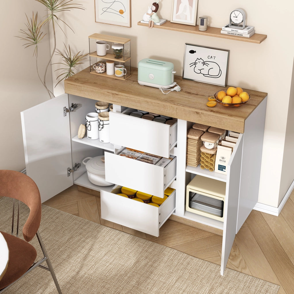 OKWISH Comò Contenitore con 3 Cassetti e 2 Ante, per Camera da Letto e Soggiorno, in Pannello Truciolare, Bianco e Rovere