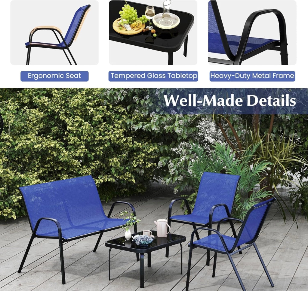 Set Tavolo e Poltrona da Giardino, Set di Mobili 4 Pezzi per Esterno, con Tavolino in Vetro Temperato, Panca e 2 Poltrone, per Giardino Balcone Piscina (Blu)
