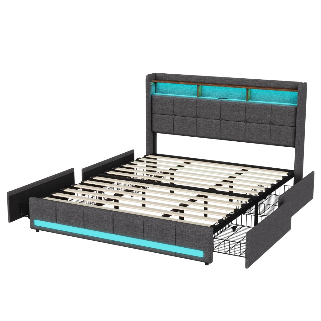 Letto matrimoniale 160x200 cm tessuto grigio, testiera contenitore con ricarica USB e USB-C, LED RGB APP telecomando, 4 cassetti estraibili