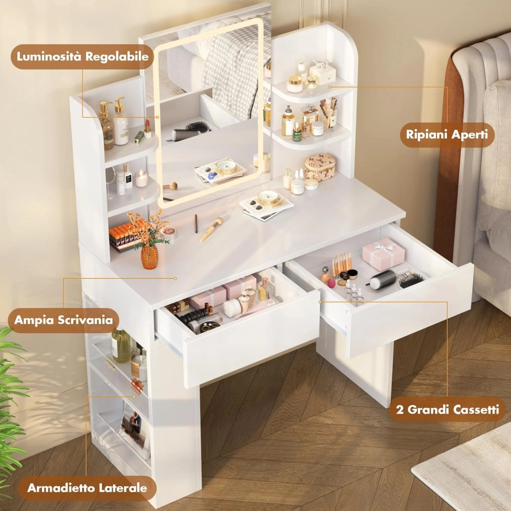 Toeletta Trucco con Luci LED 3 con Luminosità Regolabile,Tavolo da Trucco con Specchio, Ripiani Regolabili, 2 Cassetti, in Legno,Moderno (Bianco, 90cm)