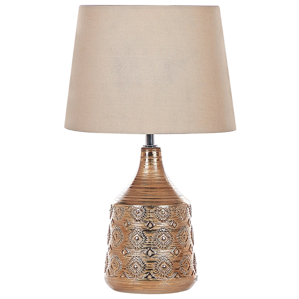 Lampada da tavolo in ceramica marrone dorato motivo geometrico beige paralume impero comodino soggiorno camera da letto illuminazione