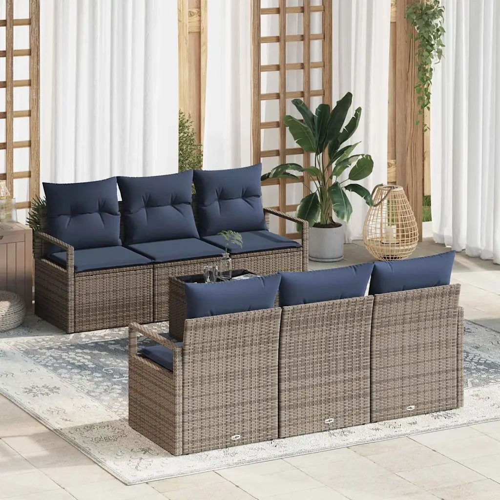 Set di divani con cuscino 7 pcs Grigio e Blu Navy polyrattan