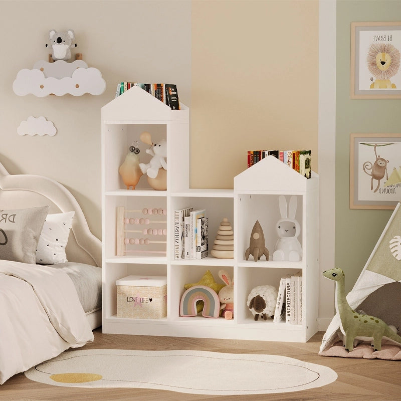 Scaffale bianco per bambini con 7 scomparti per giocattoli, libri, accessori e organizer