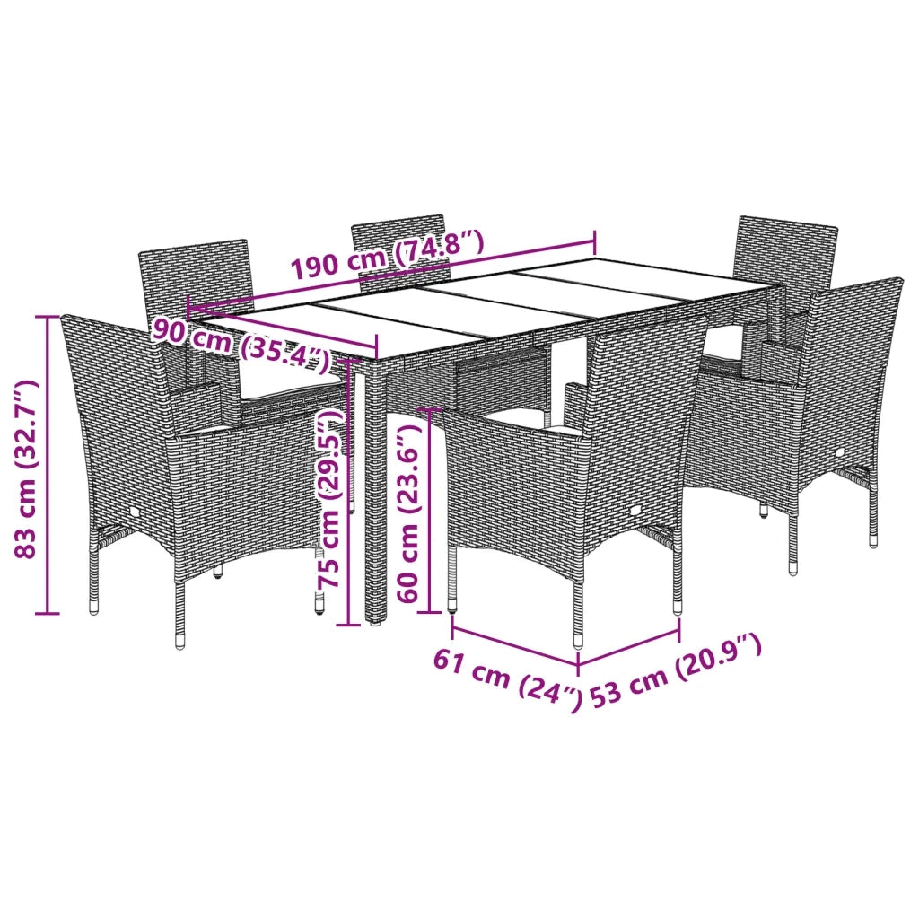 Set Pranzo da Giardino 7 pz Nero con Cuscini Polyrattan Acacia 3278541