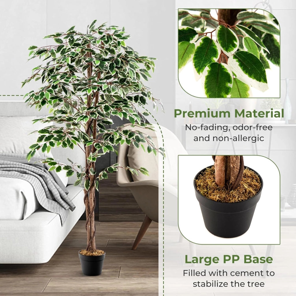 Pianta artificiale 160 cm, pianta artificiale di alta gamma, pianta da appartamento con foglie verdi, vaso riempito di cemento, ficus artificiale con schiuma secca per ufficio, soggiorno
