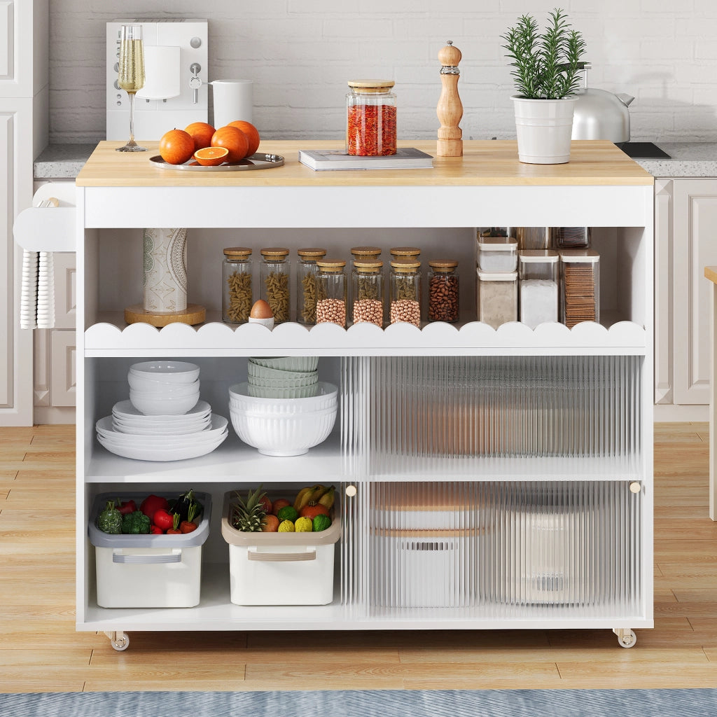Carrello isola cucina pieghevole 122x46/69x91 cm bianco e naturale con ripiani regolabili e ruote