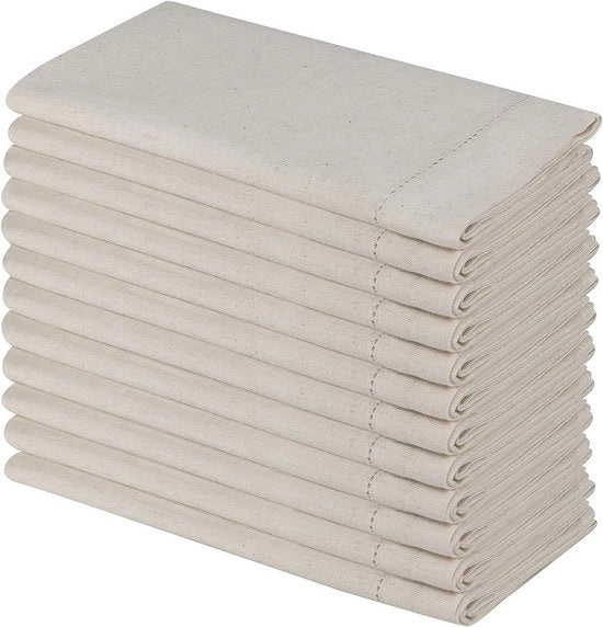 Set di 12 tovagliolini di cotone hand-made con bordo in raso, 50 x 50 cm, colore naturale