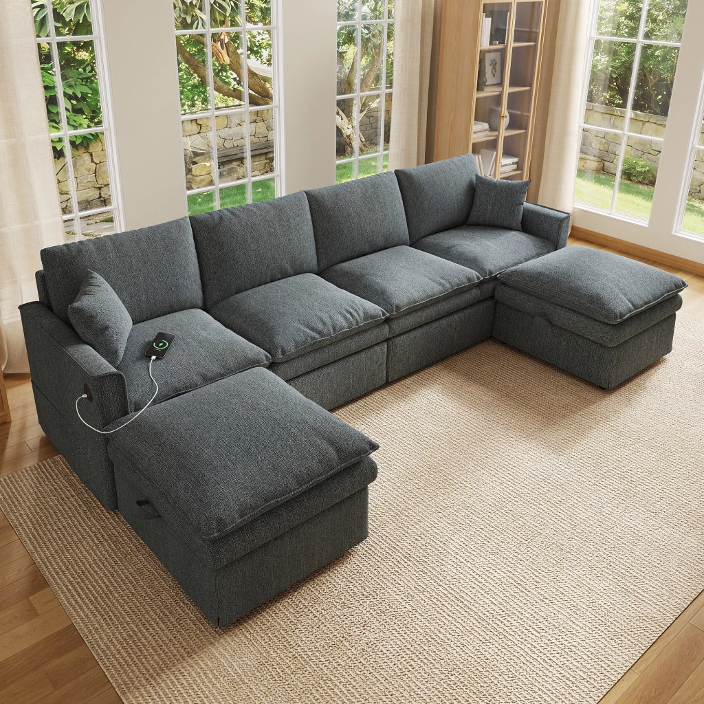Divano modulare 6 posti a U/L con 2 pouf contenitore e USB; grigio 277x135x80 cm