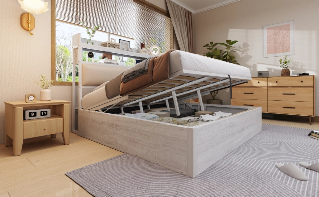 DESMIU Lit coffre 180 × 200 cm 2 places avec USB, tête de lit avec rangement, sans matelas, blanc