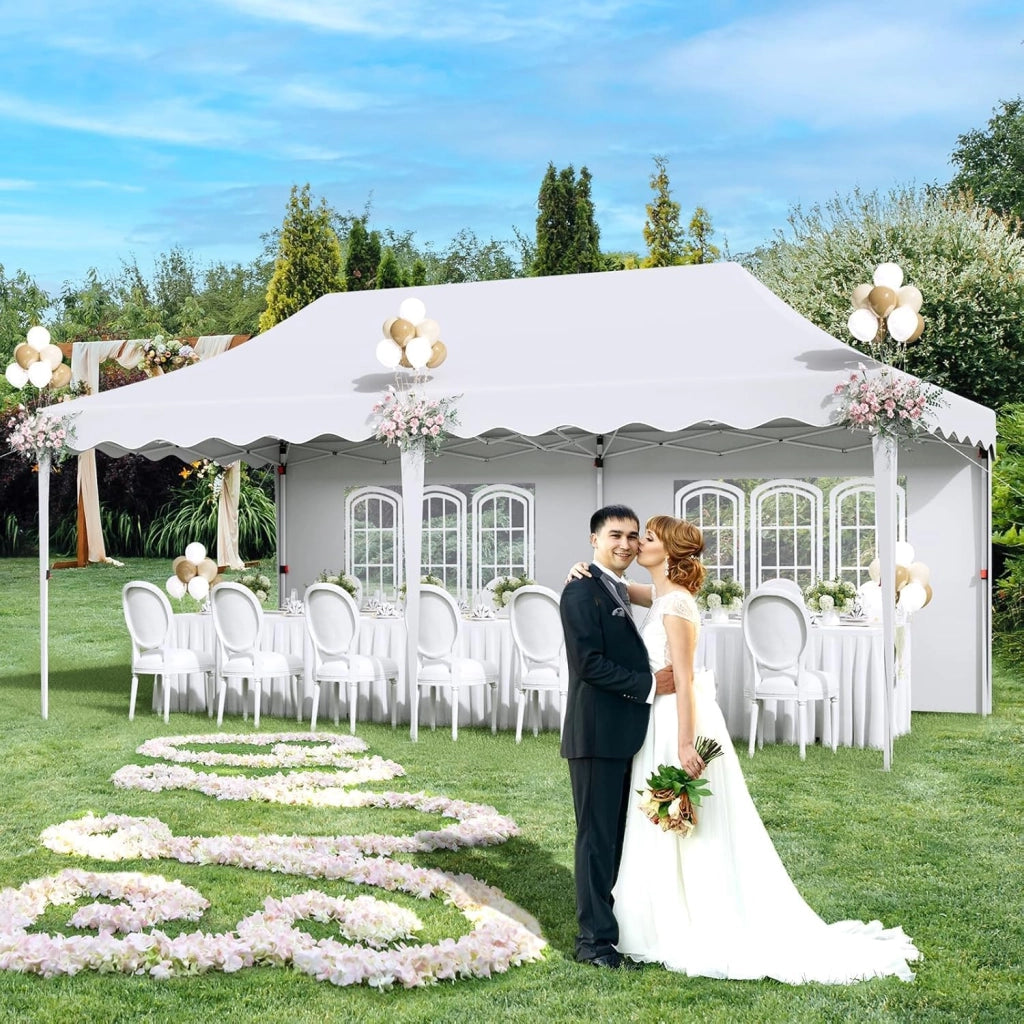 Gazebo 3x6 Pieghevole Impermeabile, altezza 290–300–310 cm, Protezione UV 50+, Tenda con 4 Pareti Laterali, 12 Ganci, 6 Corde e 6 Sacchi di Sabbia, Gazebo da Giardino per Campeggio, Matrimoni, Bianco
