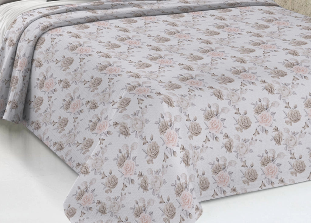 Copriletto Piquet Primavera Estate 100% Cotone Disegno Rosa Grande Floreale - Matrimoniale - Beige