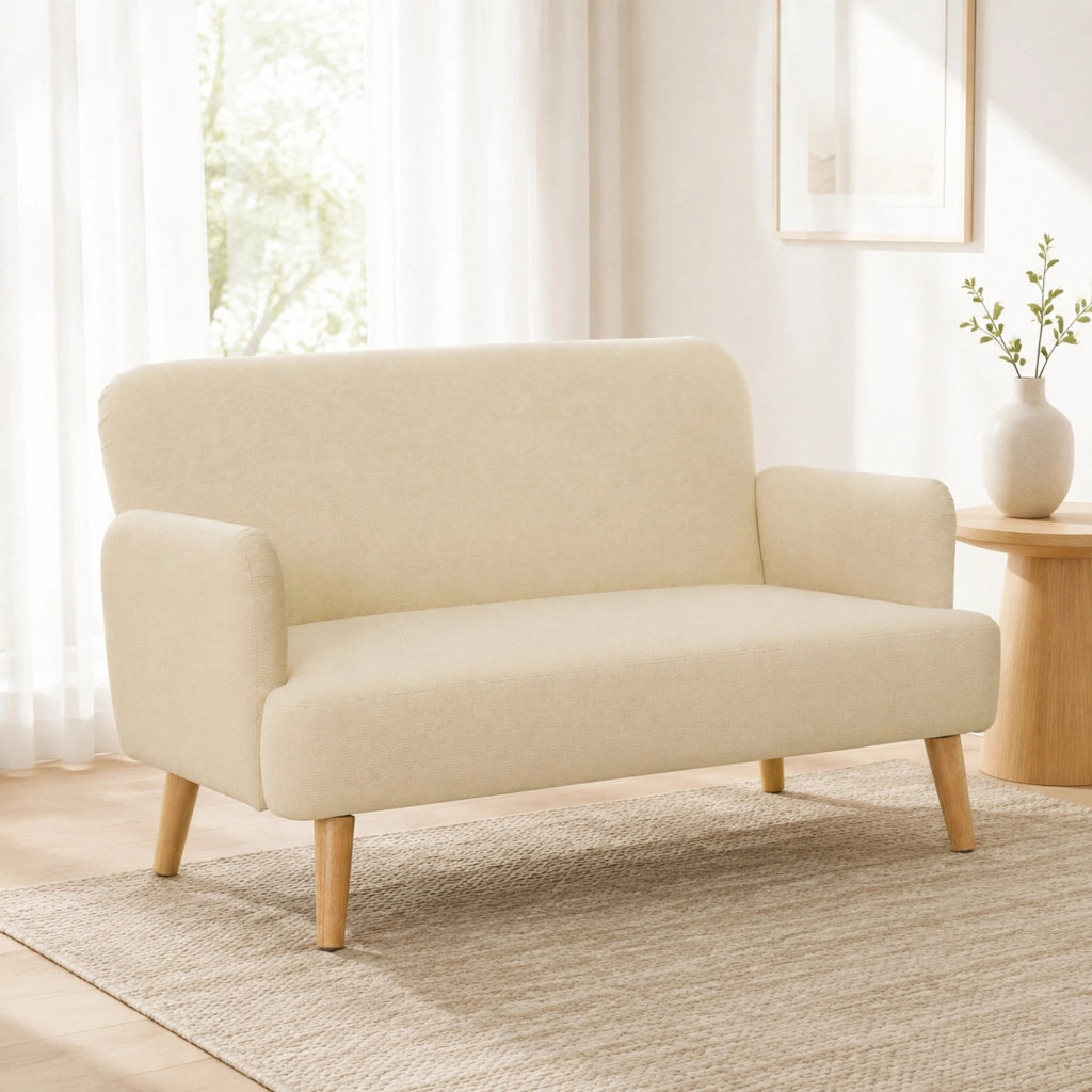 Divano compatto a due posti in velluto color crema con gambe in legno