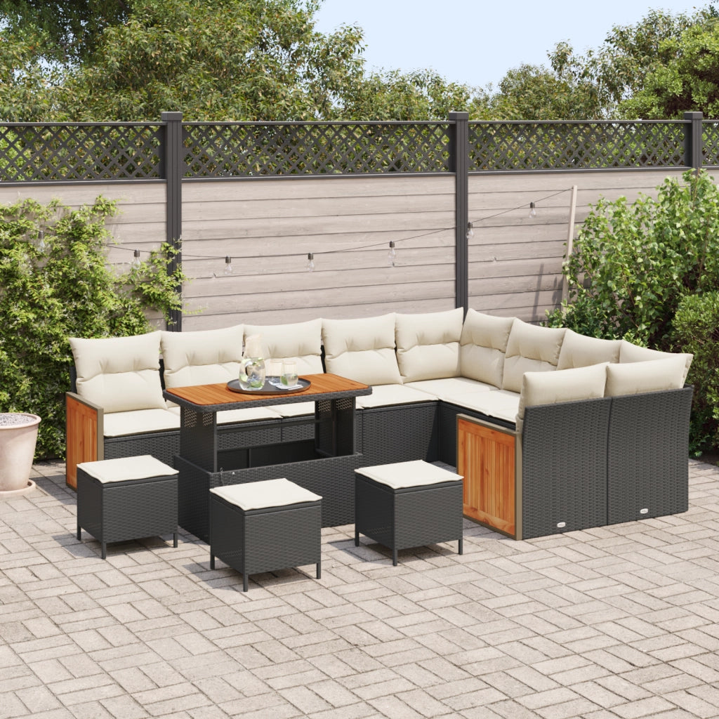 Set Divano da Giardino in 13 Pezzi con Cuscini Nero Rattan Polyrattan Acacia