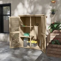 Armadio da Esterno Portaoggetti a 2 Ripiani con Picchetti, in Legno di Abete, 127x65x159.5/168 cm
