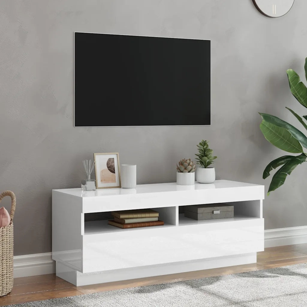 Mobile Porta TV con Luci LED Bianco Lucido 100x35x40 cm