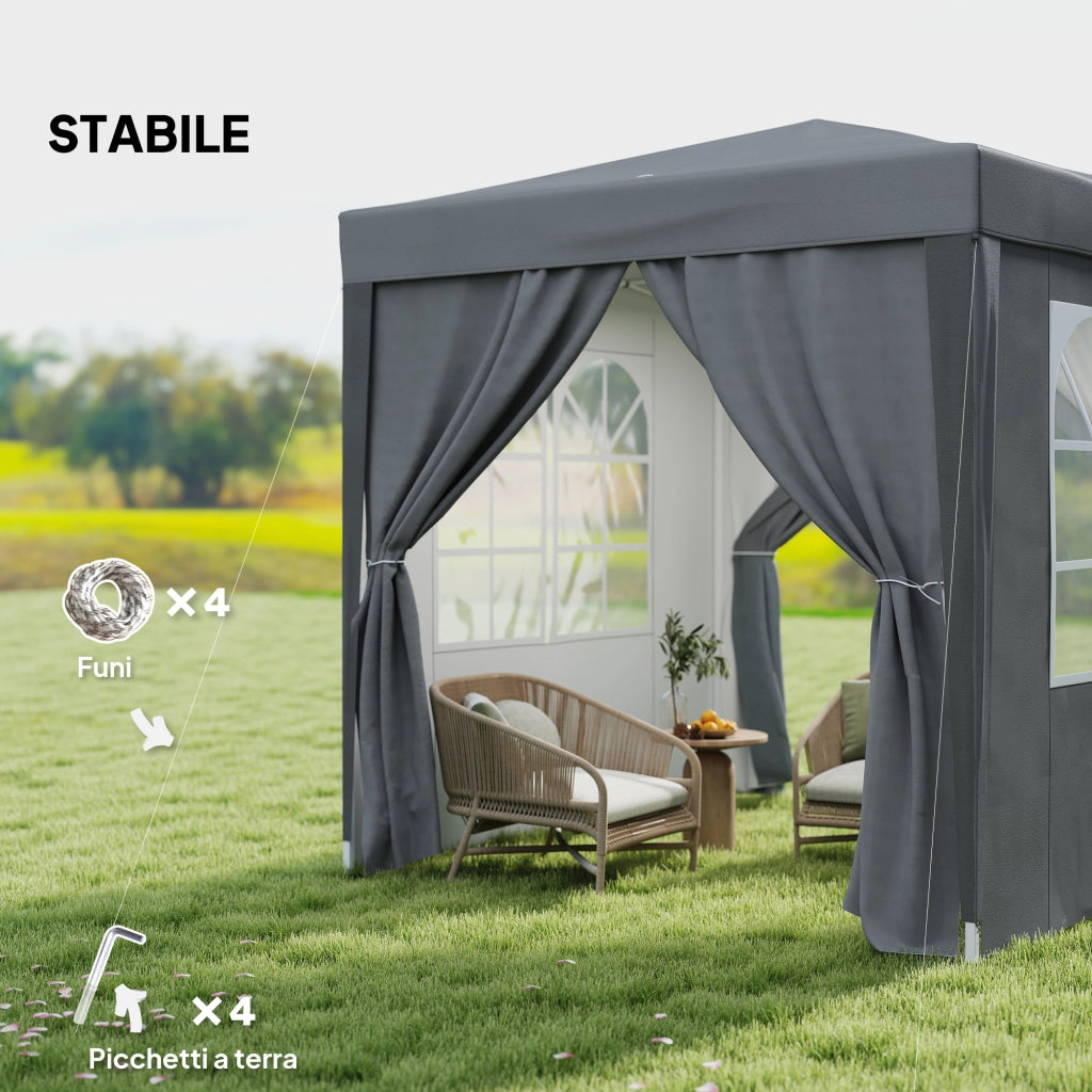Gazebo Pieghevole 2x2 m con 4 Pareti Rimovibili in Metallo e Poliestere Grigio