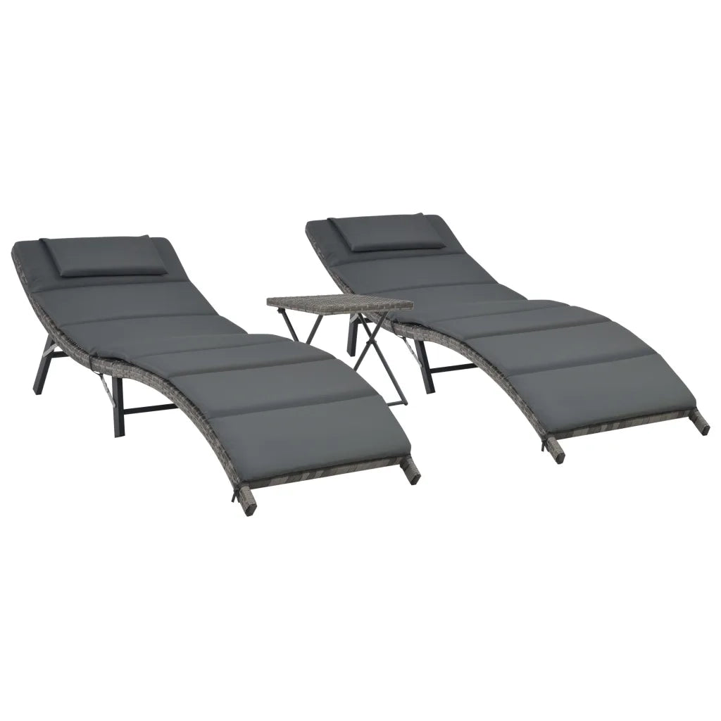 Set Lettini da Giardino 3 pz Pieghevoli in Polyrattan Grigiocod mxl 70927