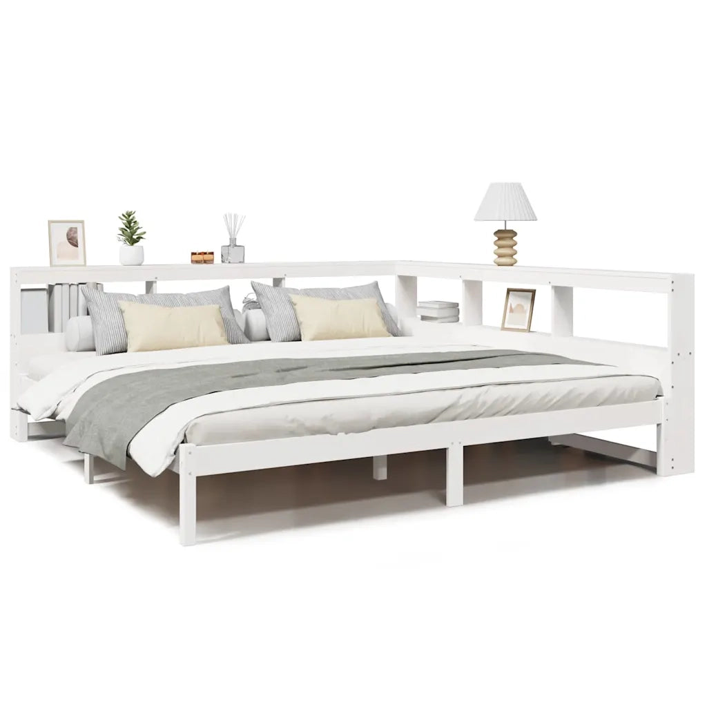 Letto Libreria senza Materasso-Struttura Letto con contenitore Bianco 200x200 cm Legno di Pino 500892