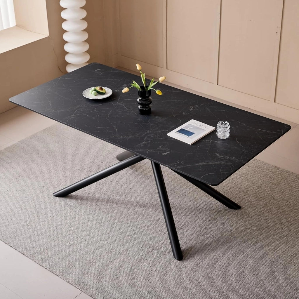 GrandCA HOME Tavolo da Pranzo Rettangolare, Tavolo da Cucina Moderno da 180 cm, Ampia Scrivania in MDF con Gambe in Metallo, per Sala da Pranzo, Soggiorno, Ufficio (Marmo Nero)