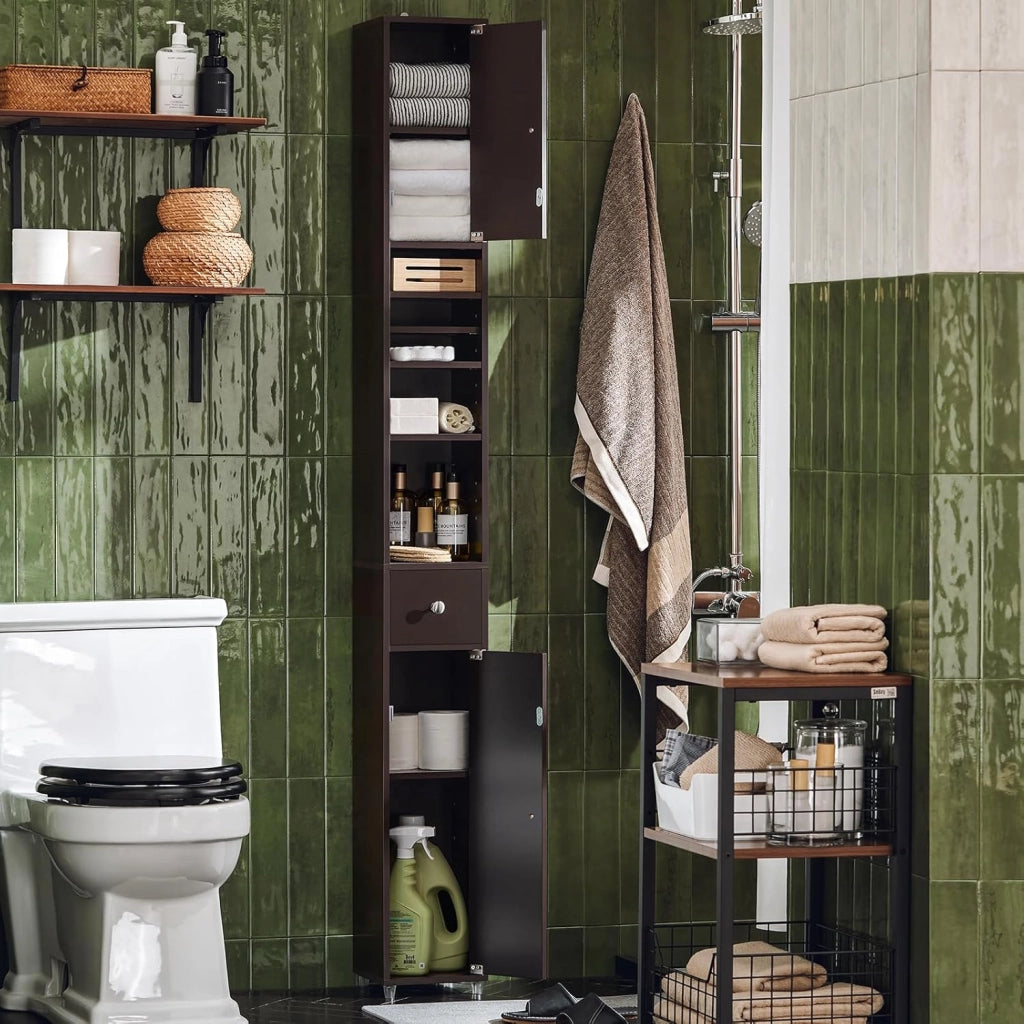 Mobile Bagno Stretta – Colonna Bagno Idrorepellente, Alto con Ripiani Regolabili e Cassetto – Armadietto Salvaspazio, MDF, Marrone scuro, 20x180x20cm, BZR34-II-BR