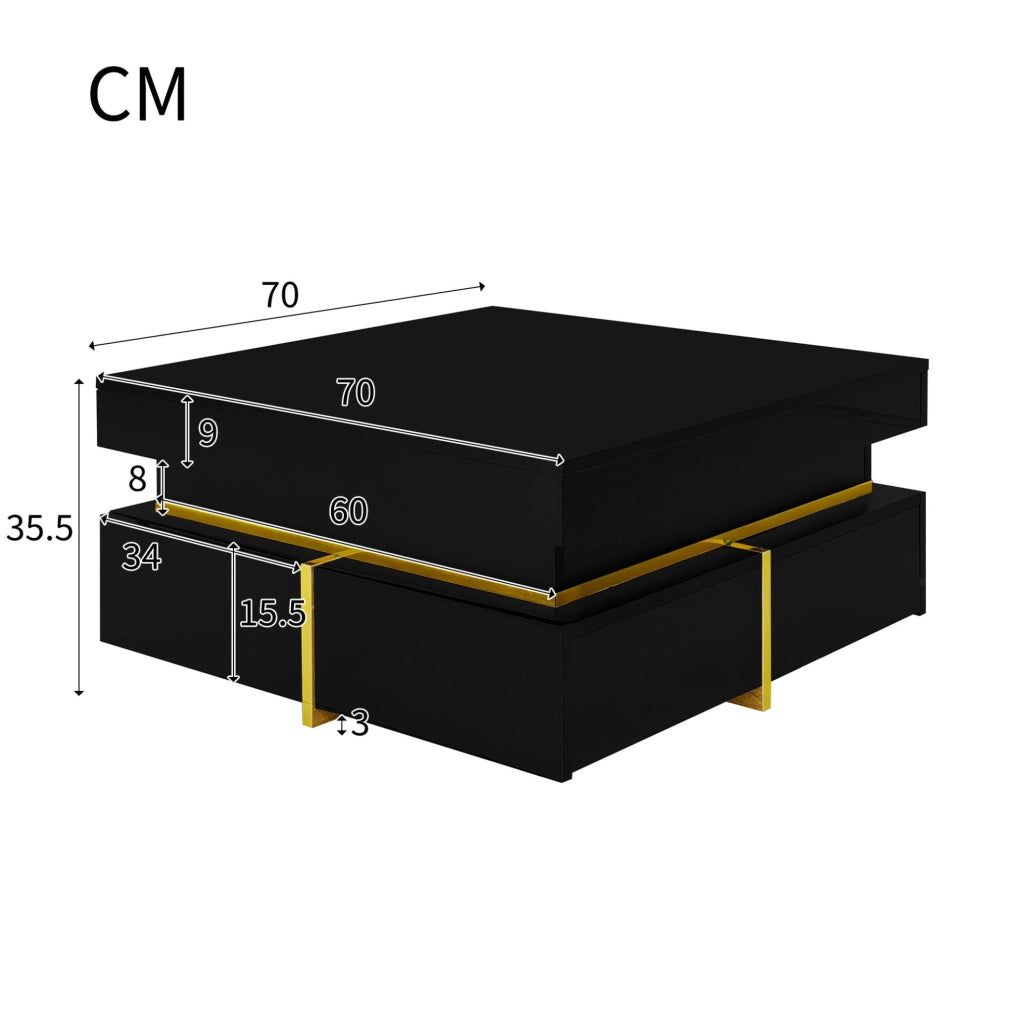 Tavolino da caffè nero lucido 70x70 cm con 2 cassetti