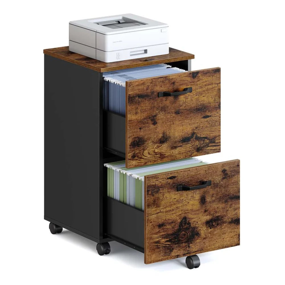 Mobiletto da ufficio con 2 cassetti su ruote 40 x 42 x 70 cm per documenti A4 e cartelle sospese stile industriale marrone 12_0004788