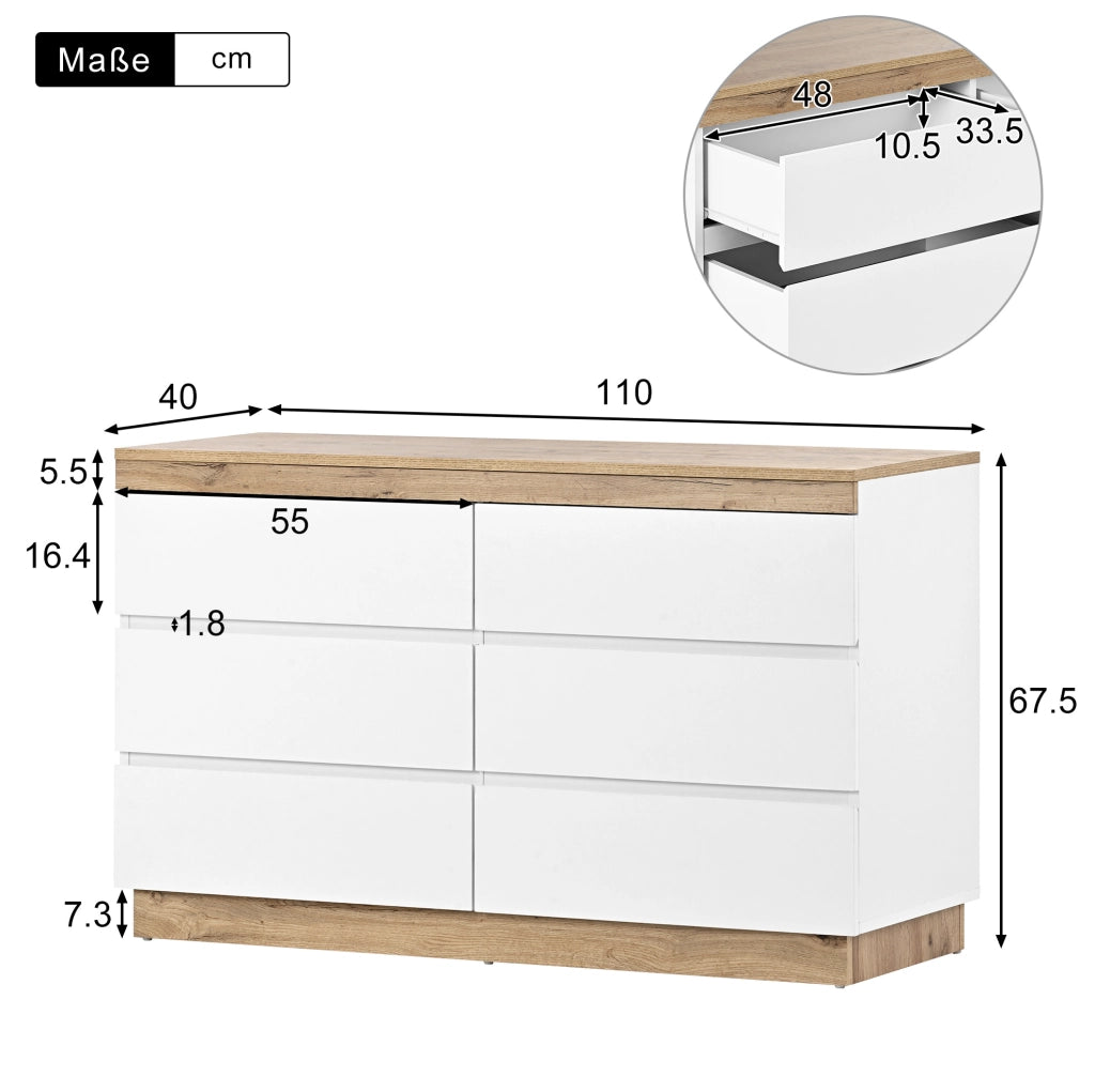 Cassettiera a 6 cassetti con ampio spazio contenitivo in truciolare E1 bianco e rovere