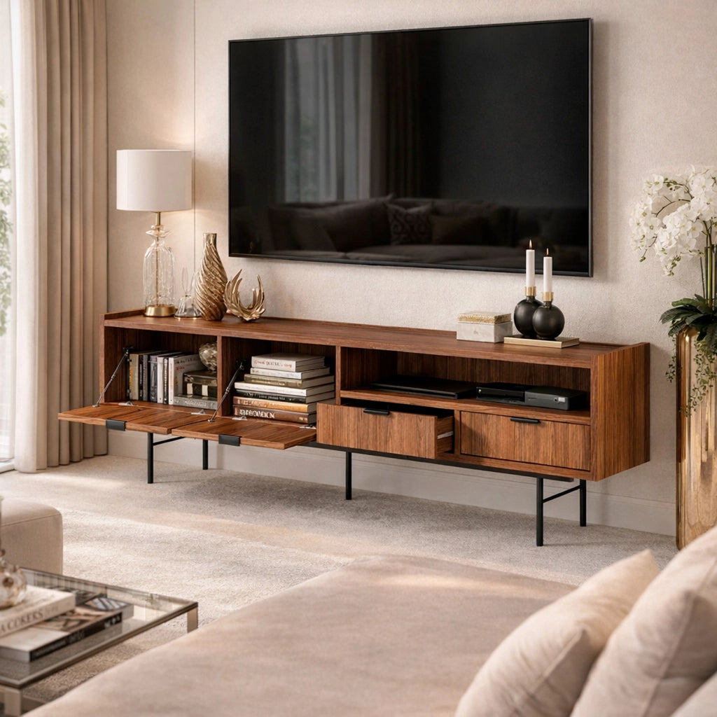 Mobile Porta TV Moderno Per Salotto Zona Living Soggiorno Con 2 Ante A Ribalta 2 Cassetti Vano A Giorno Passacavo Struttura In Melaminico Design Contemporaneo 200 X 40 X 55 Cm Noce
