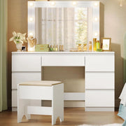 Toeletta da Trucco con Specchio, Sgabello e Luci LED, Luminosità Regolabile, Tavolo da Trucco con 7 Cassetti, Postazione Make Up 107x39,5x140,5cm, Cassettiera in Legno, Bianco