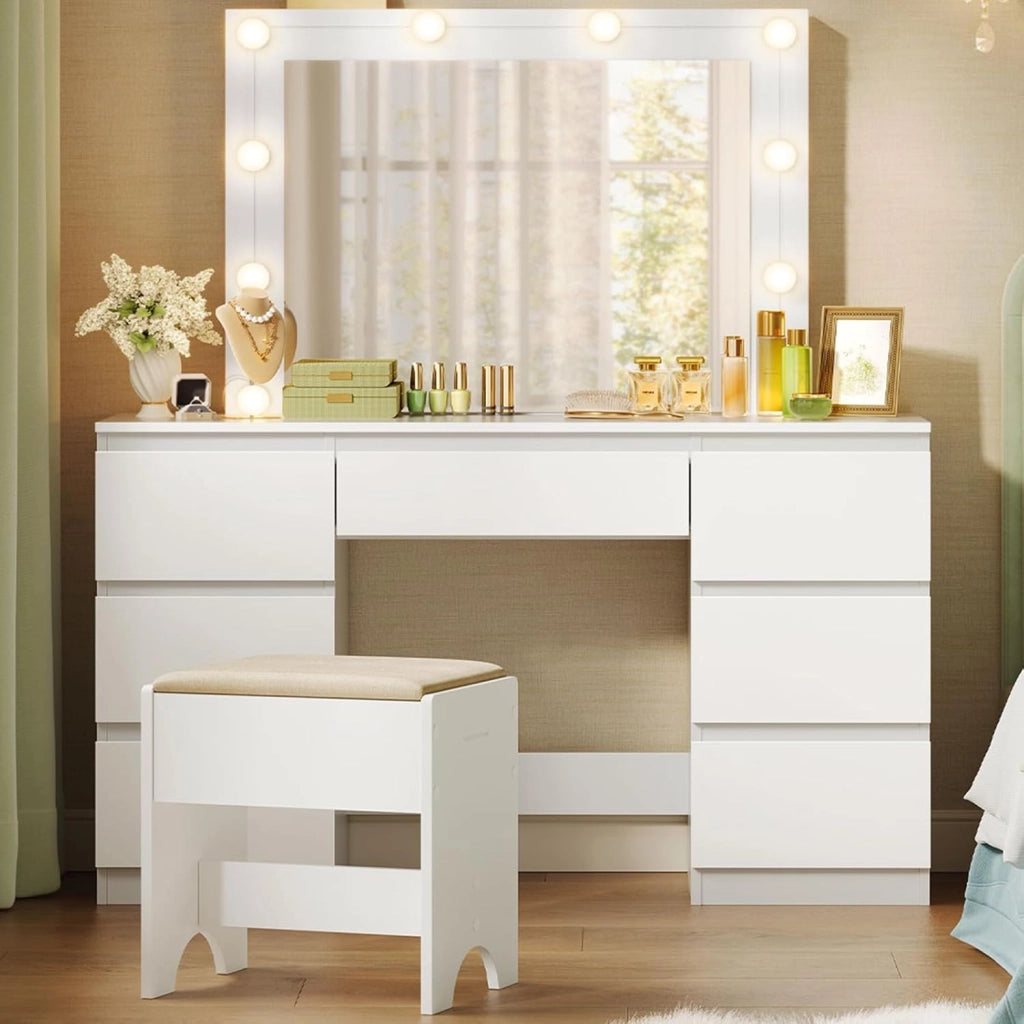 Toeletta da Trucco con Specchio, Sgabello e Luci LED, Luminosità Regolabile, Tavolo da Trucco con 7 Cassetti, Postazione Make Up 107x39,5x140,5cm, Cassettiera in Legno, Bianco