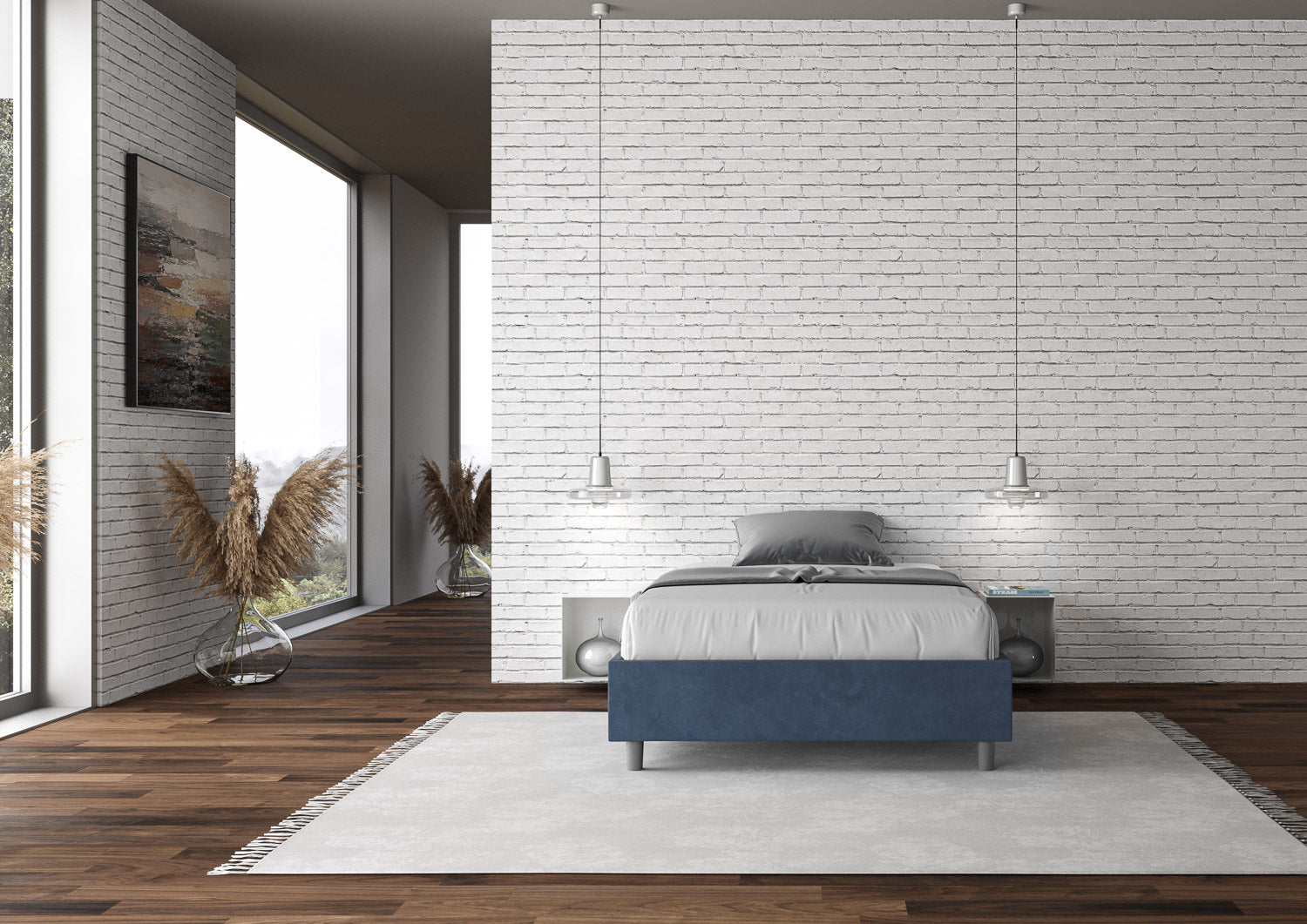 Letto Matrimoniale Francese Sommier 150x190 cm con Rete e Contenitore Azelia Blu