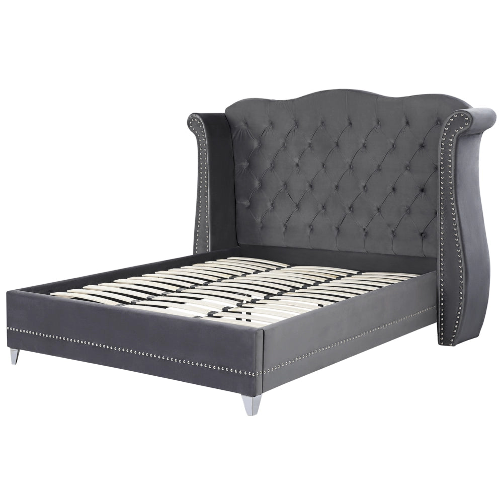 Letto 180 x 200 cm in velluto grigio con base a doghe con bottoni per testiera trapuntata