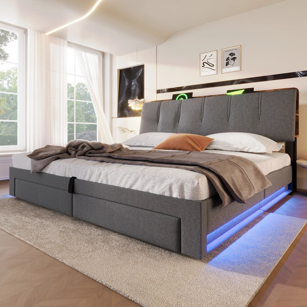DESMIU Lit con contenitore 180 × 200 cm 2 posti con USB, Type-C, LED e vano idraulico, senza materasso, grigio