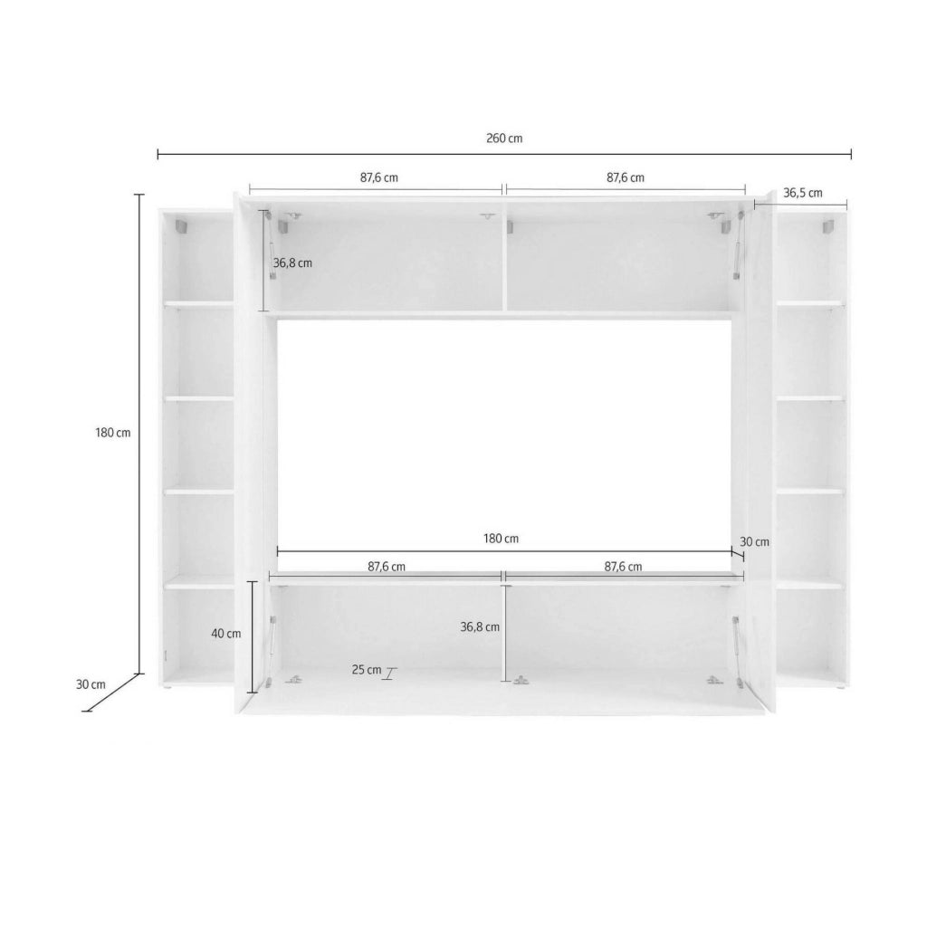 Parete attrezzata da Amel, Made in Italy, Porta TV, Set salotto moderno, cm 260x30h180, Bianco lucido