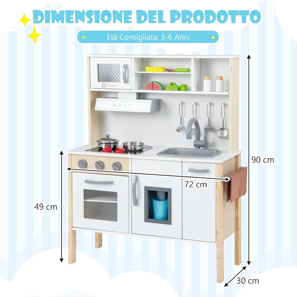 Cucina Giocattolo per Bambini in Legno, Cucina per Bambini con Microonde, Cappa Aspirante, Forno, Macchina del Ghiaccio, Lavello e Rubinetto, Manopole con Suoni, per Bambini 3-6 Anni (Bianco)