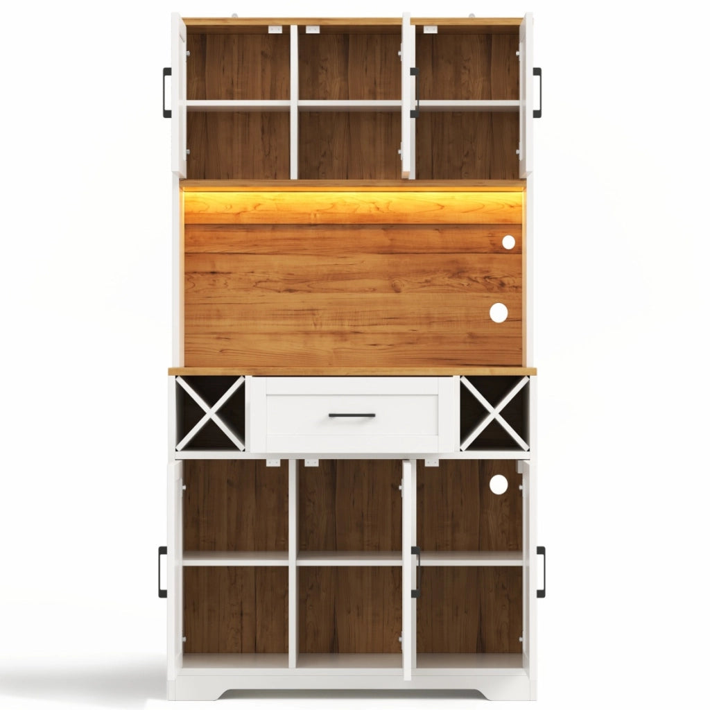 Dispensa alta con LED, portabottiglie estraibili, 1 cassetto e vani aperti, per cucina e soggiorno, 105 × 40 × 180 cm