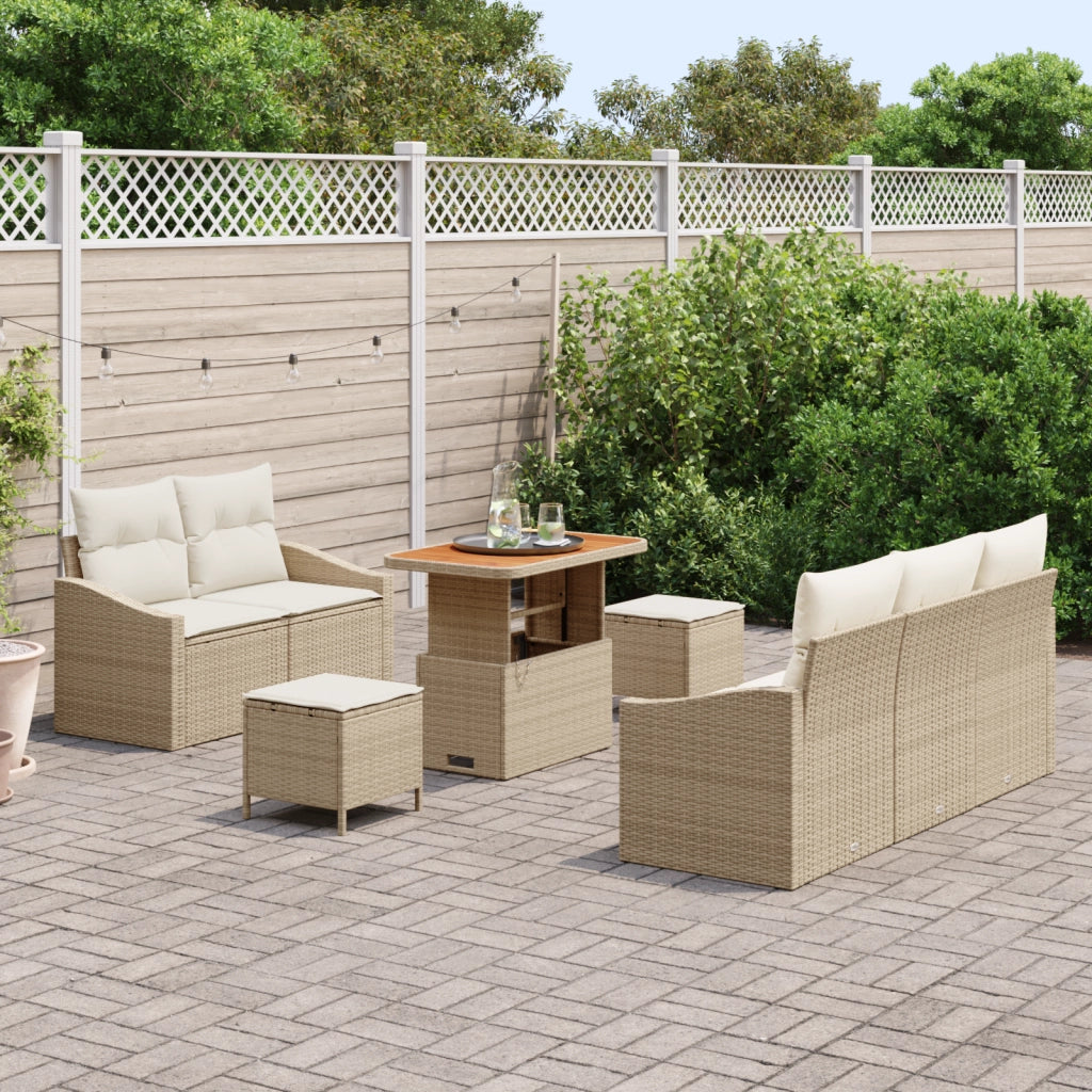 Set Divano da Giardino 8 Pezzi con Cuscini Beige Polyrattan Acacia