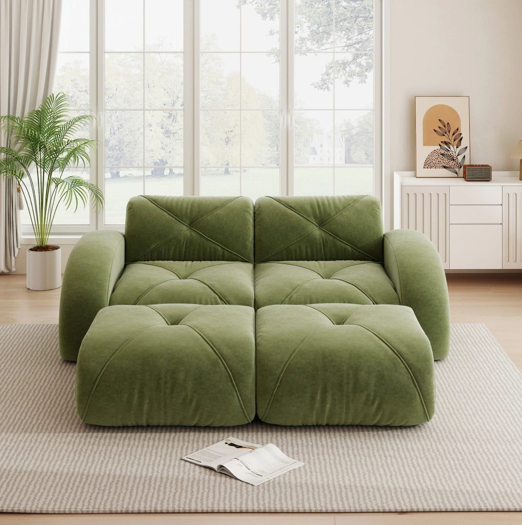 Divano modulare 2 posti senza struttura con 2 pouf in ciniglia verde