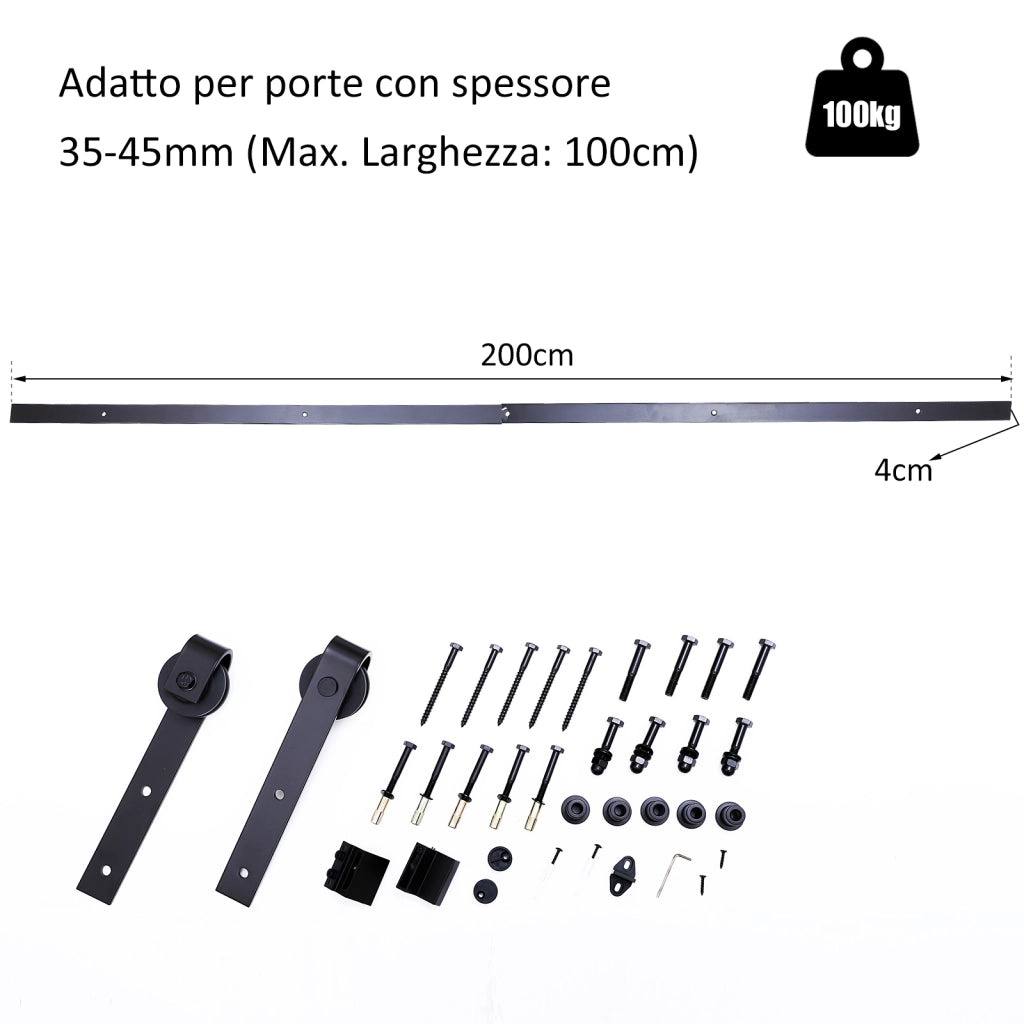 Binario per Porta Scorrevole con Kit Accessori e Rulli, Portata 100kg, Acciaio al Carbonio, 200x4x0.6 cm
