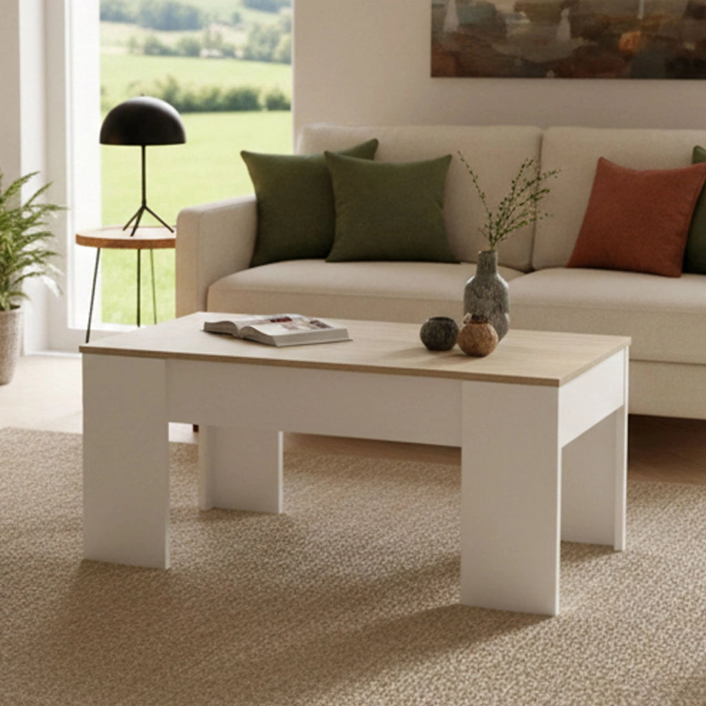 Tavolino da salotto Almas, Tavolino da caffÒ¨ con piano elevabile, Tavolo basso da soggiorno, 100x50h45/56 cm, Bianco e Rovere