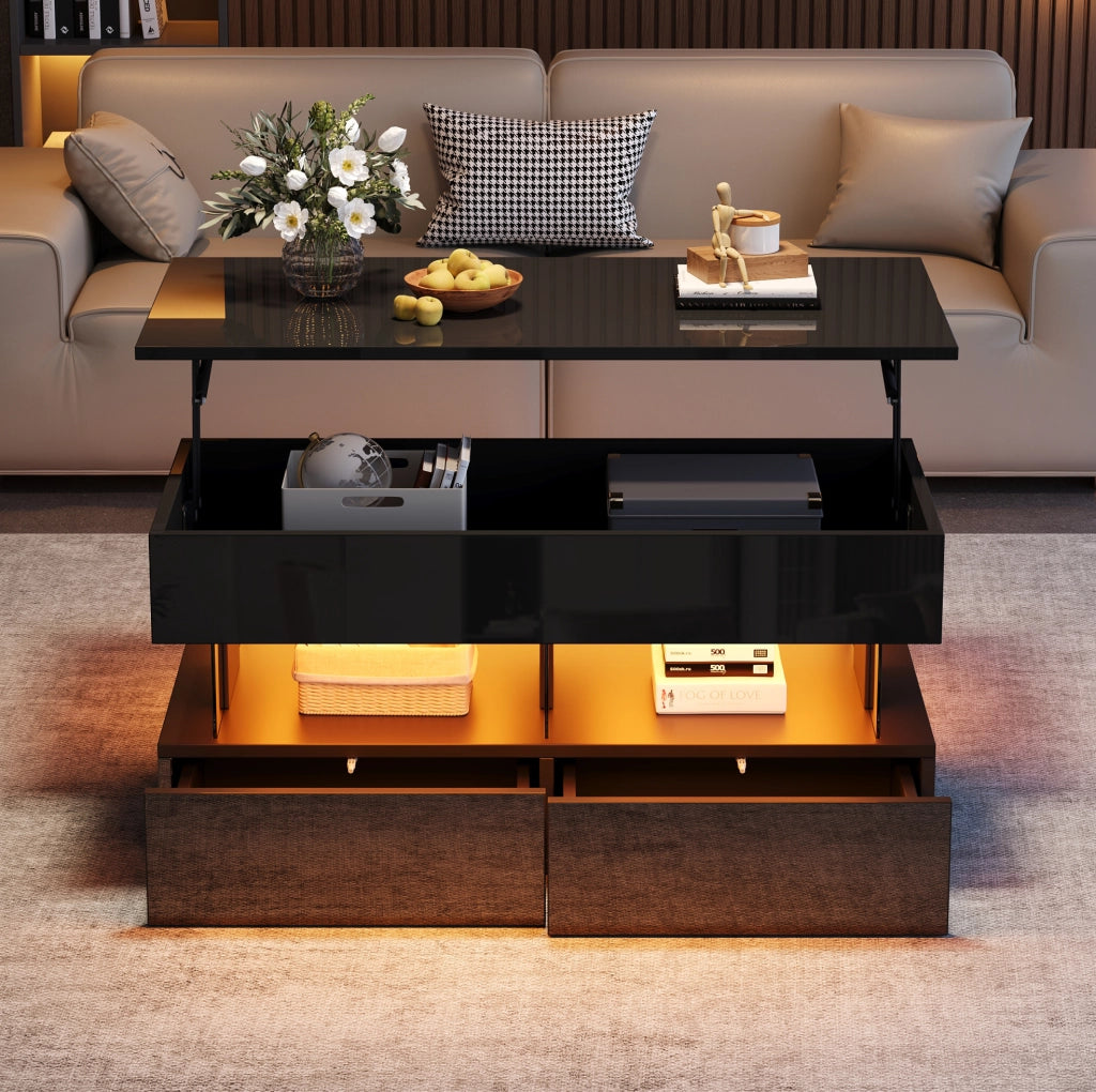 Tavolino da caffè 100x50x46 cm con piano sollevabile; spazio nascosto; 2 cassetti; LED; MDF nero