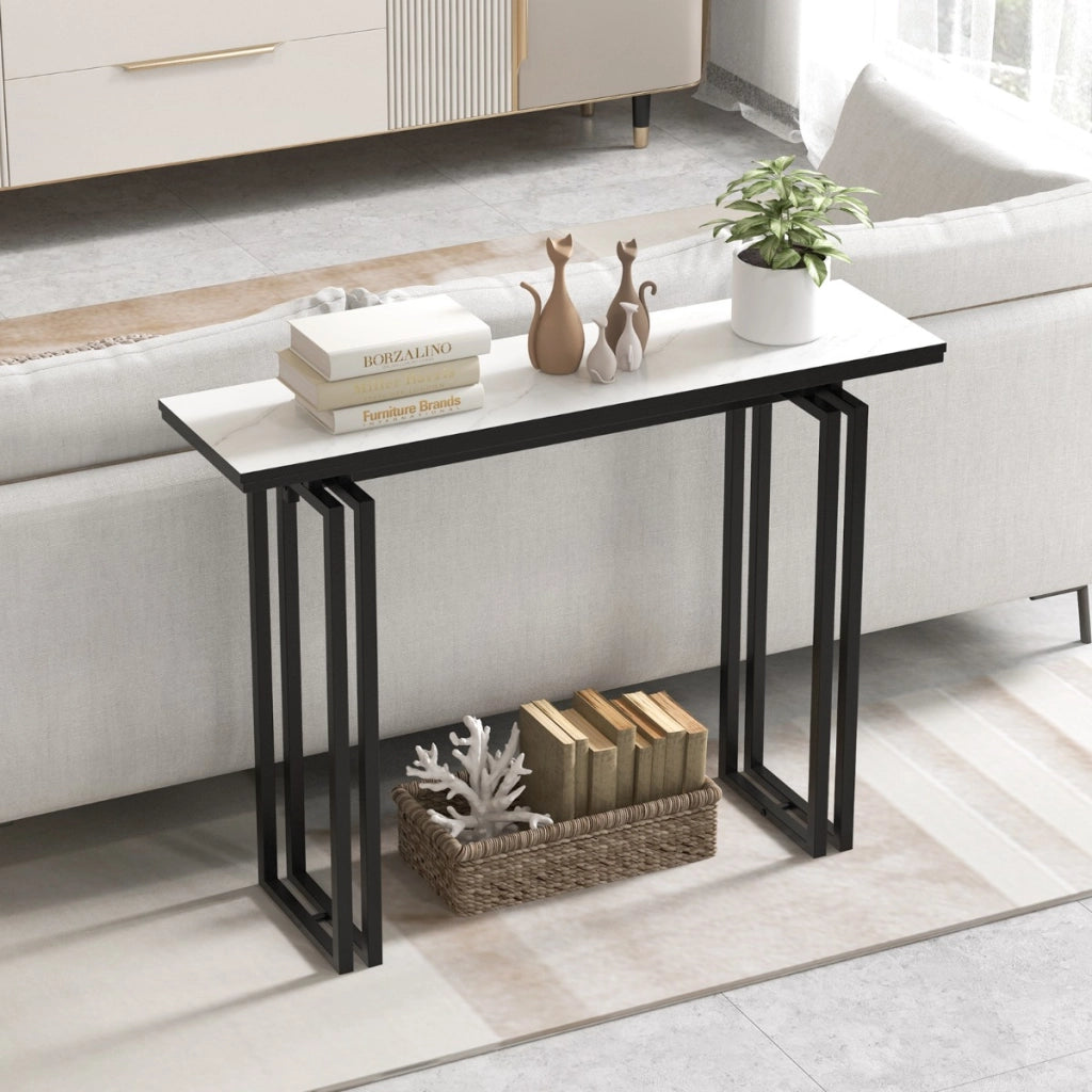 Consolle 110cm con piano in finto marmo e struttura in metallo per impieghi gravosi, Tavolino lungo per divano Nero-Consolle