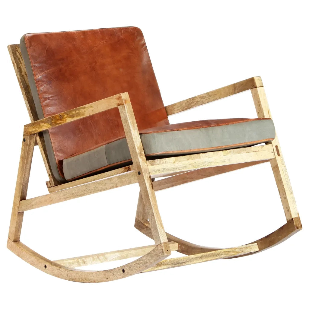 Sedia a Dondolo Marrone in Vera Pelle e Legno Massello di Mango 282906