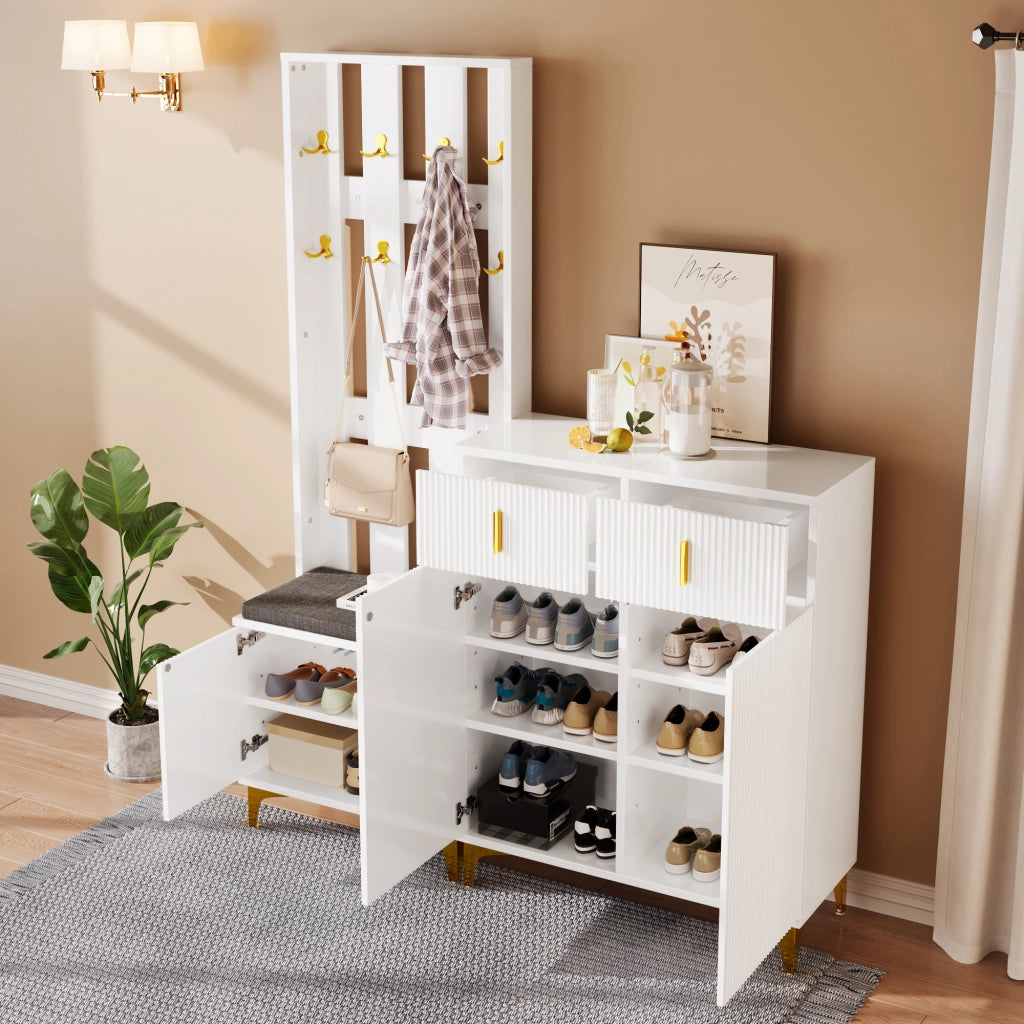 Set Ingresso con Scarpiera, Panca con Cuscino, Appendiabiti e Cassetti ¨C MINIMAL ¨C Bianco